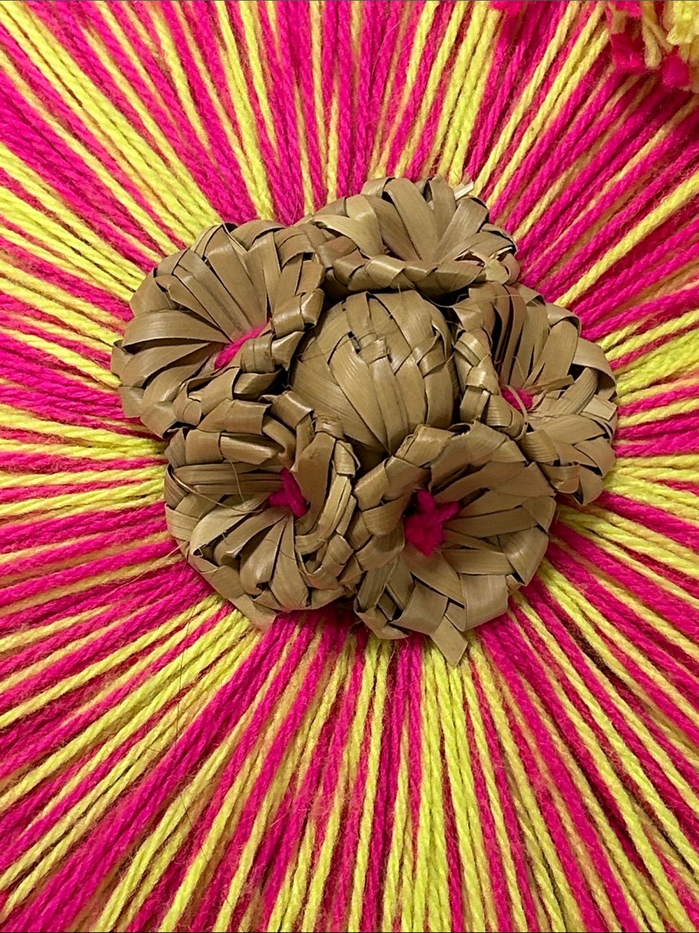 Solana Round woven Straw Tote with Hot Pink & Neon Yellow Tassel Detail image 2